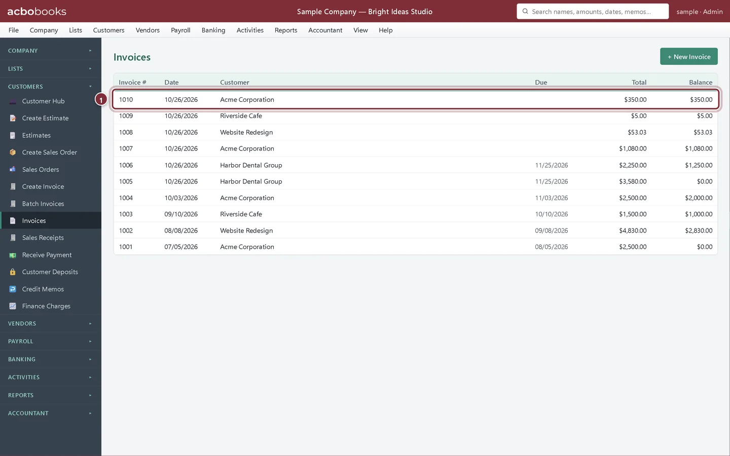 Invoices list with the new $350.00 Acme Corporation invoice at the top