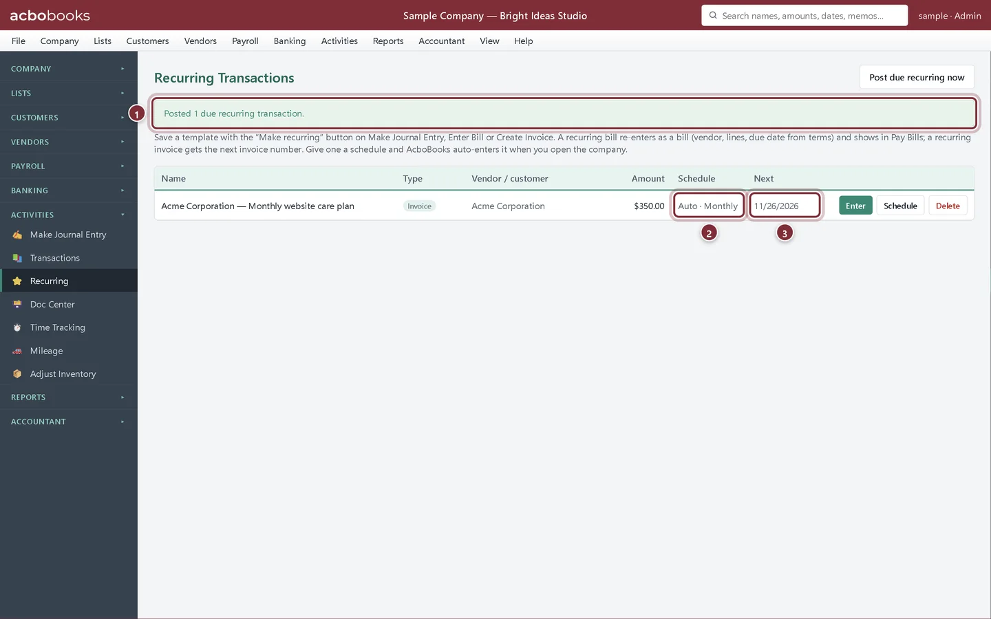 Recurring Transactions after posting: Posted 1 due recurring transaction, schedule Auto · Monthly and the next date a month later
