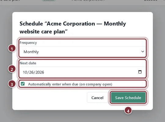 Schedule window with Frequency Monthly, the next date and Automatically enter when due ticked