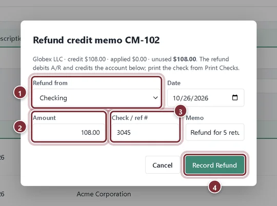 Refund credit memo CM-102 window refunding $108.00 from Checking
