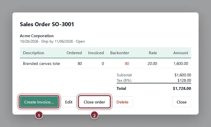 Sales order window with Create Invoice and Close order buttons