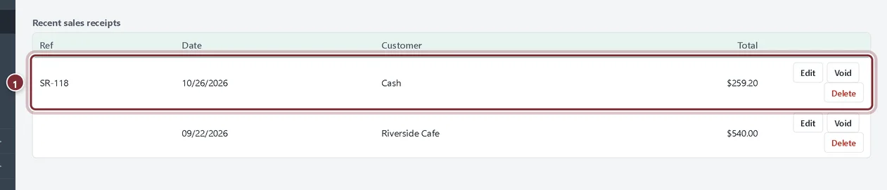 Recent sales receipts list with SR-118 for $259.20 at the top