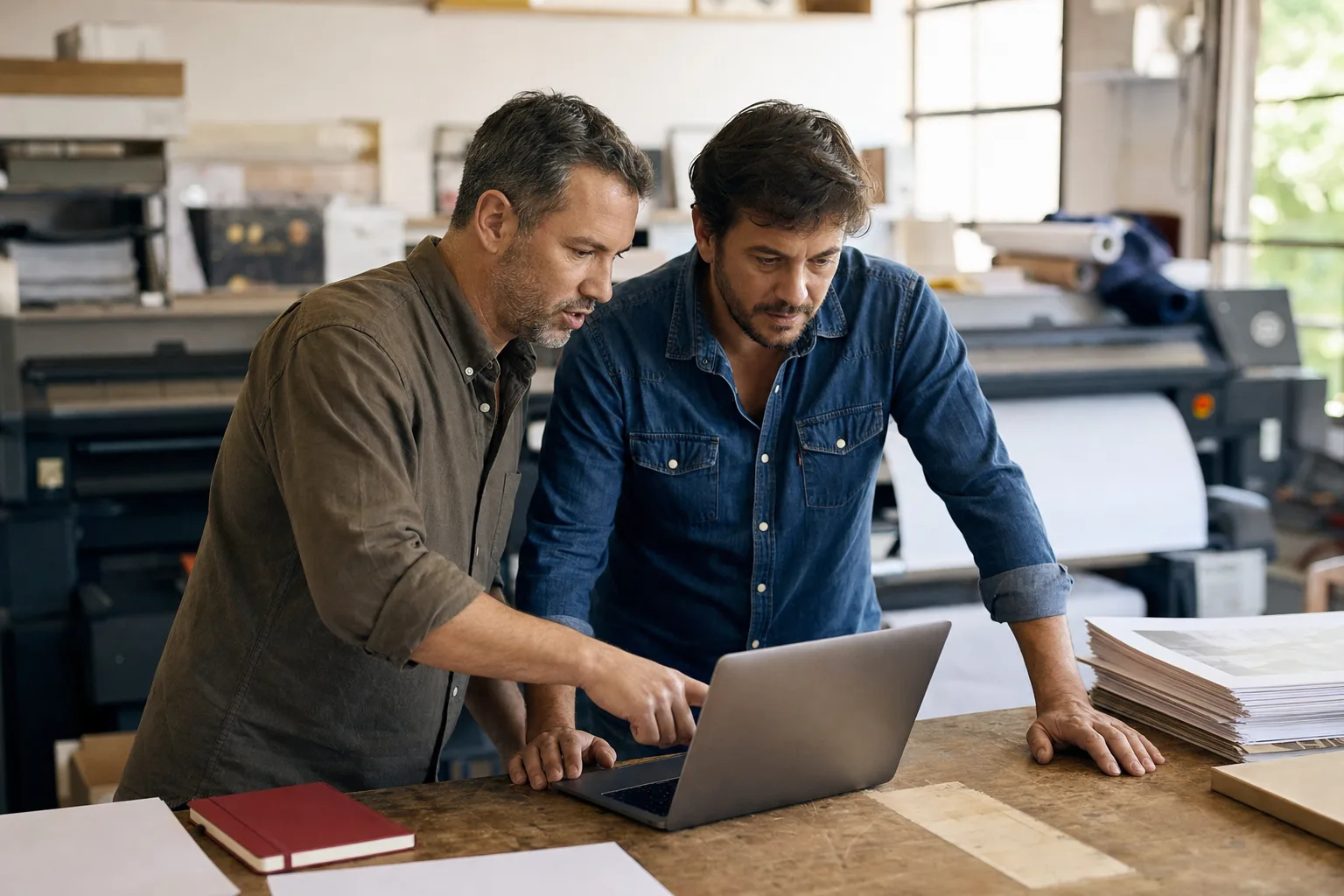 Two business partners reviewing their books on one laptop in a print shop